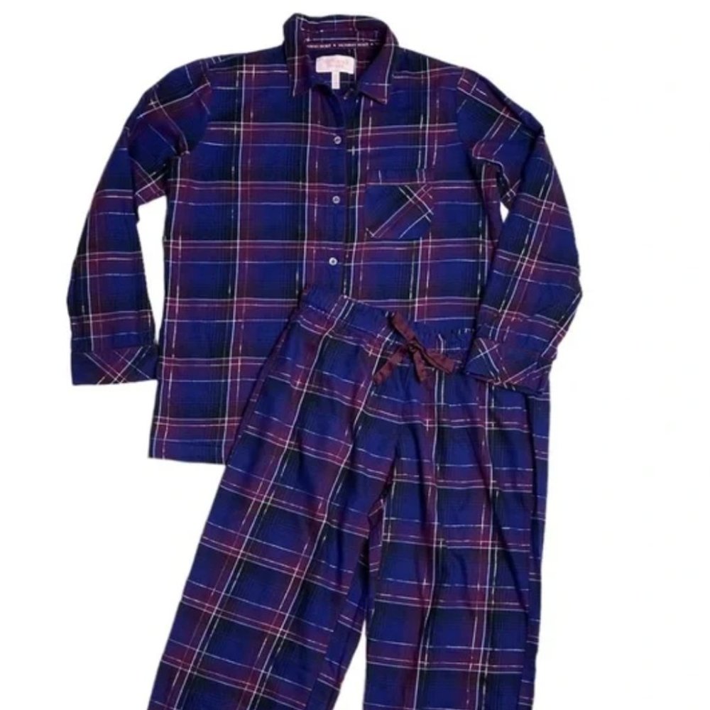 Victoria Secret Holiday Sparkle Flannel Plaid Pajama Set Blue Purple S